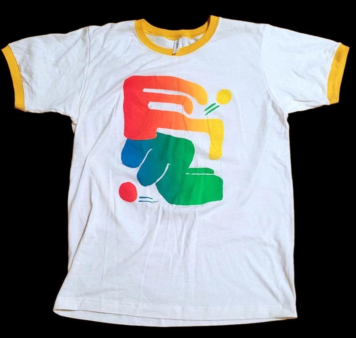 Rainbow Roll Shape Shirt - Screen Printed Ringer Tee - Vintage White/ Yellow Ringer